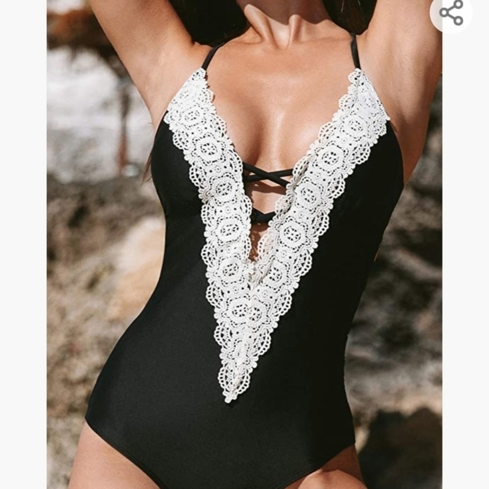 Misty Pearl Black One-Piece Swimsuit with White Lace Plunge